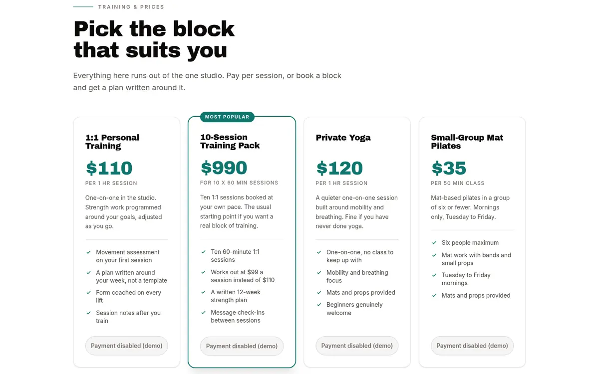 Screenshot of the same coach's page rebuilt: four session cards, each with a price and its own payment button.