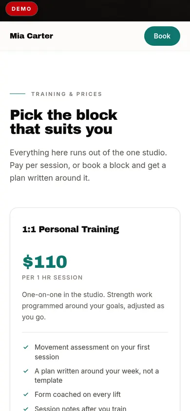The same rebuilt page on a phone, with a Book button pinned in the header above the session prices.