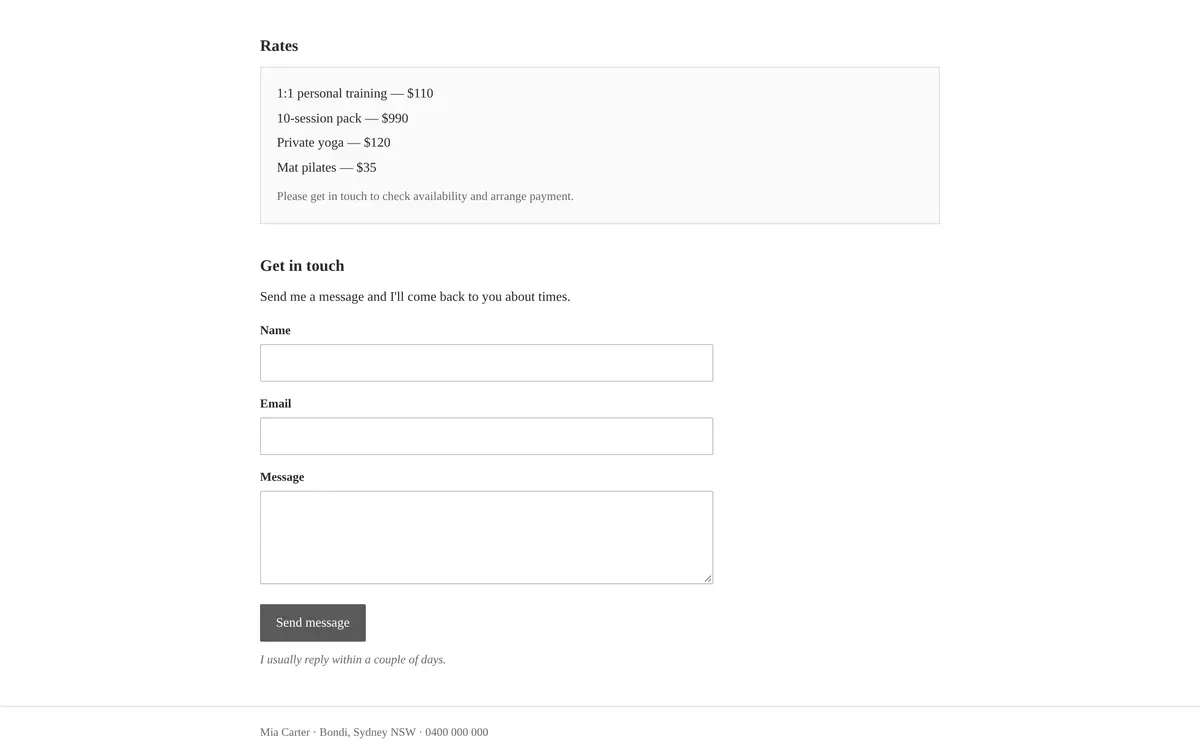 Screenshot of a plain coach website: a rates list and a contact form with name, email and message fields.