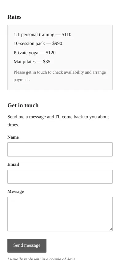 The same plain coach website on a phone, showing the contact form.