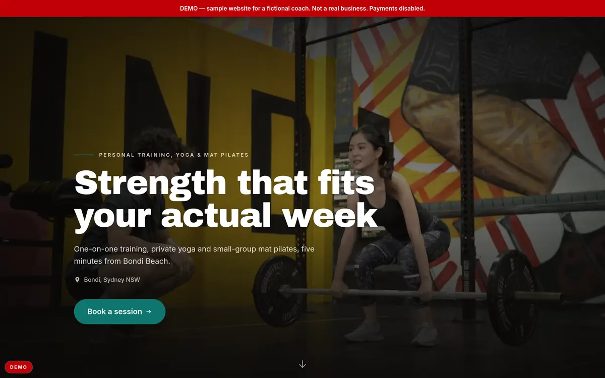 Demo page for a personal trainer: a full-width hero photo with the headline “Strength that fits your actual week” and a Book a session button.