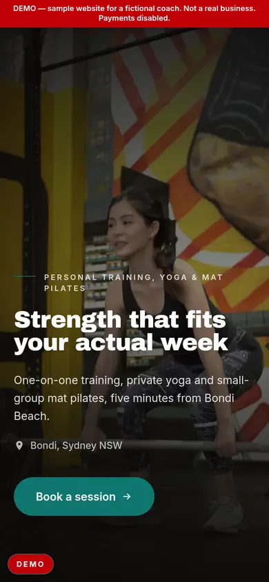 The same personal trainer demo page on a phone.