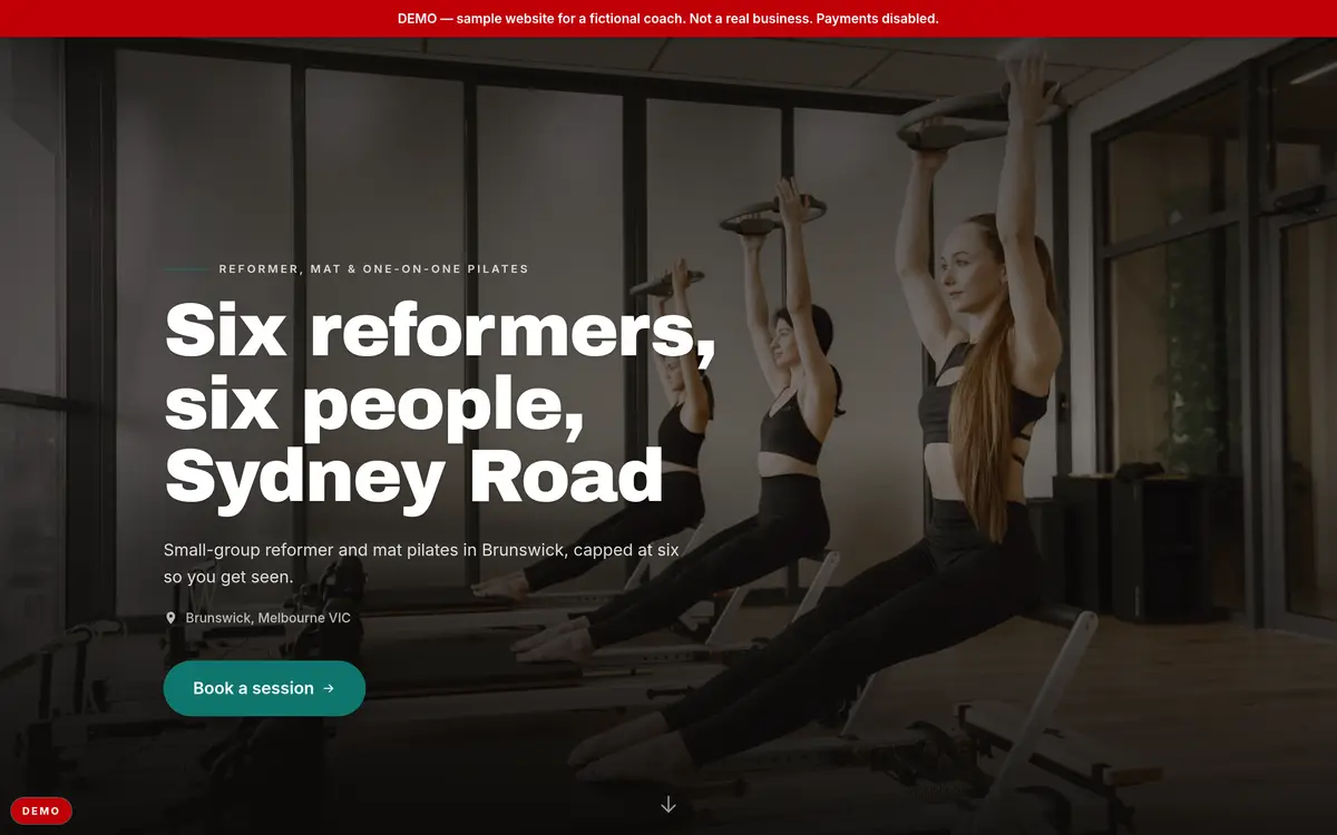 Demo page for a pilates studio: a hero photo of a reformer class with the headline “Six reformers, six people, Sydney Road”.