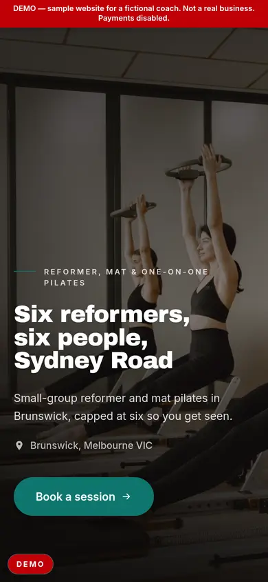 The same pilates studio demo page on a phone.