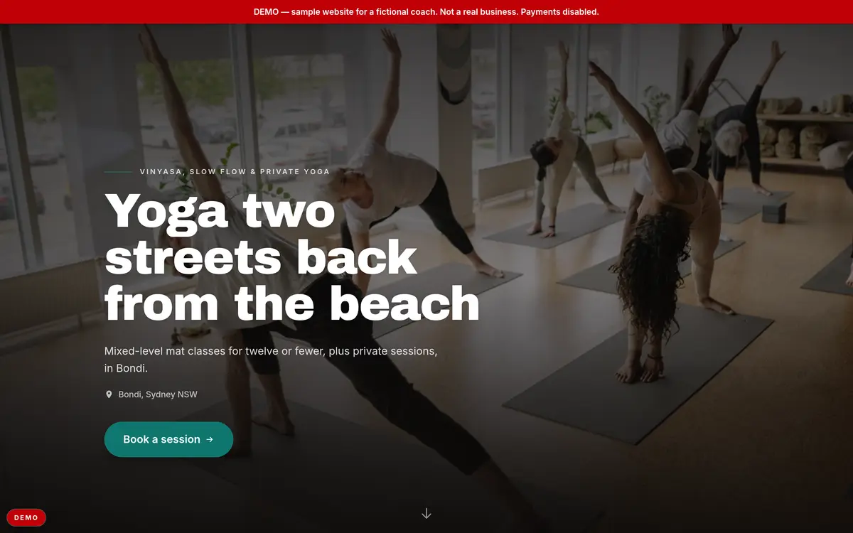 Demo page for a yoga studio: a hero photo of a yoga class with the headline “Yoga two streets back from the beach”.