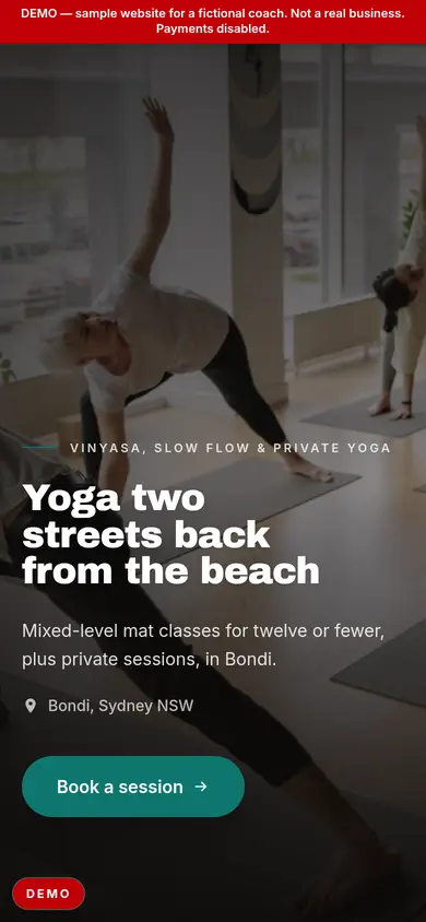 The same yoga studio demo page on a phone.
